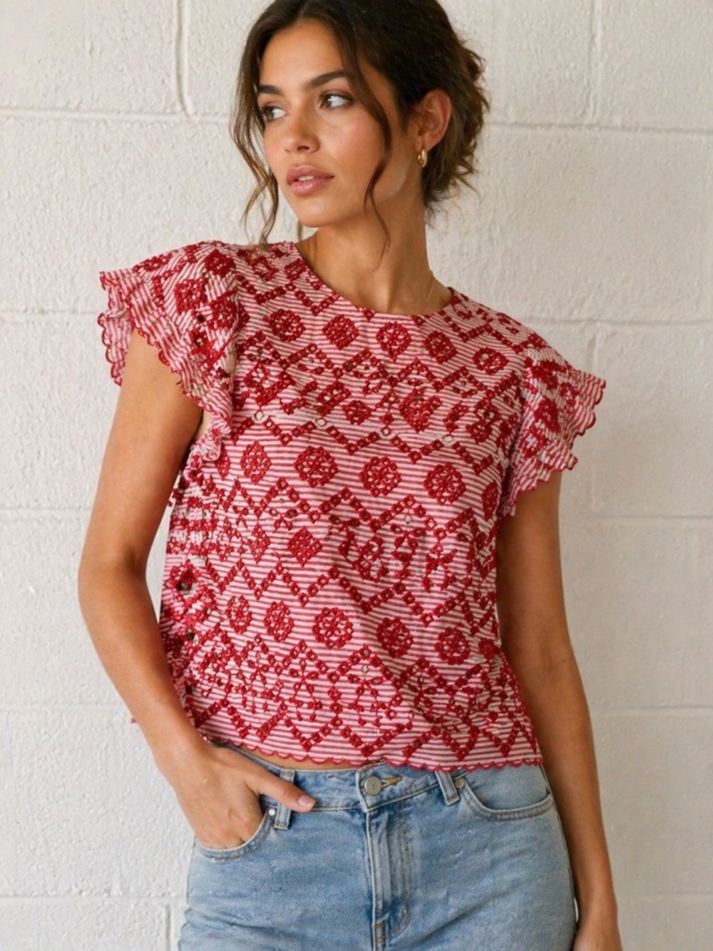 Zara Striped Embroidered Flutter Sleeve Top